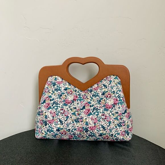 Handmade Large Genuine Printed Floral Leather Wooden Frame Bag with Small Purse - Picture 3 of 16